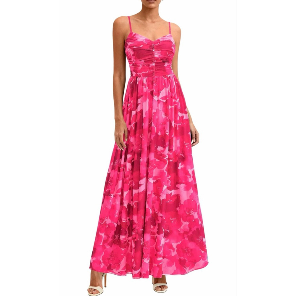 Pink Floral Maxi Dress with Spaghetti Straps